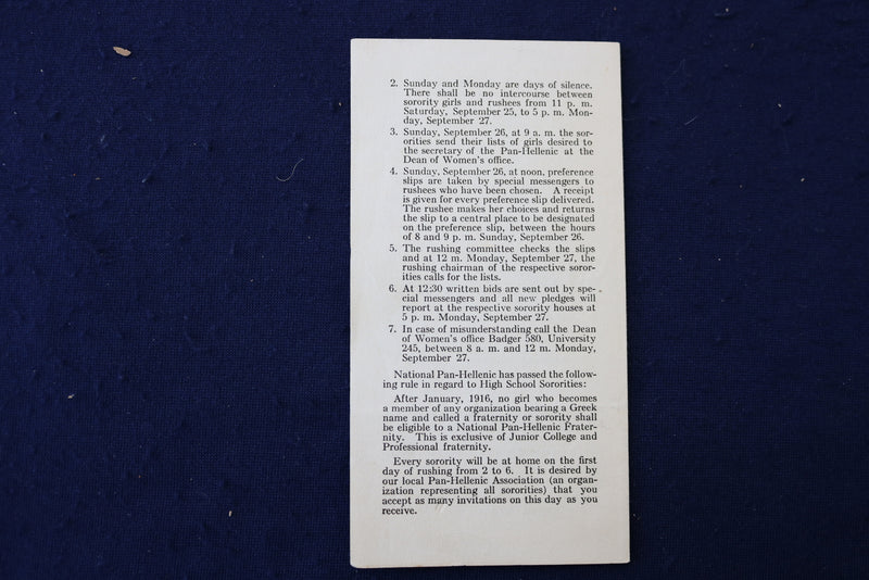 1920-1921 UNIVERSITY OF WISCONSIN PAN-HELLENIC REGULATIONS BOOKLET - K 949