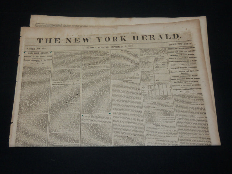 1855 SEPTEMBER 9 NEW YORK HERALD NEWSPAPER - SANTA ANNA ABDICATION - NP 4895