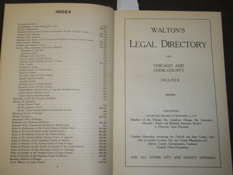 1912-1913 WALTON'S LEGAL DIRECTORY FOR CHICAGO BOOK - 10TH ANNUAL EDN - KD 5200