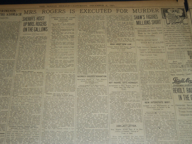 1905 DECEMBER 9 THE BOSTON HERALD NEWSPAPER- MRS. ROGERS OF THE GALLOWS - BH 270