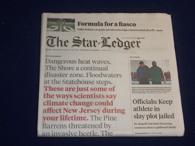 2018 NOVEMBER 1 STAR LEDGER NEWSPAPER - CLIMATE CHANGE COULD AFFECT NJ