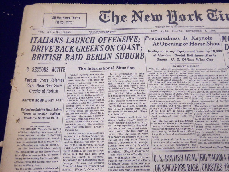 1940 NOV 8 NEW YORK TIMES - ITALIANS LAUNCH OFFENSIVE DRIVE BACK GREEKS - NT 326