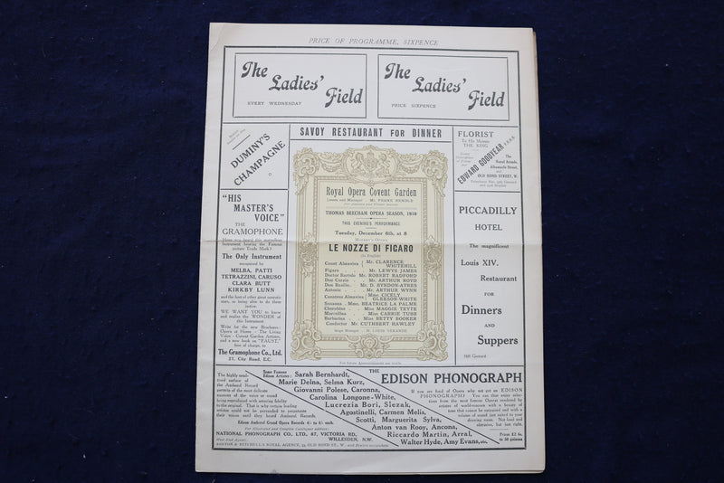1910 DECEMBER 6 ROYAL OPERA COVENT GARDEN PROGRAM - LE NOZZE DIFIGARO - K 1672