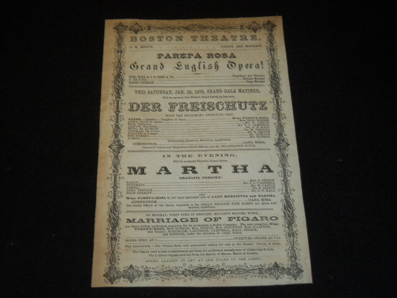 1870 BOSTON THEATRE DER FREISCHUTZ MARRIAGE OF FIGARO HANDBILL - J 5388