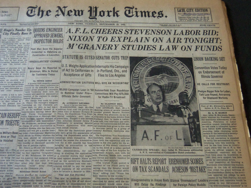 1952 SEPTEMBER 23 NEW YORK TIMES - AFL CHEERS STEVENSON LABOR BID - NT 6119