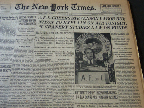 1952 SEPTEMBER 23 NEW YORK TIMES - AFL CHEERS STEVENSON LABOR BID - NT 6119