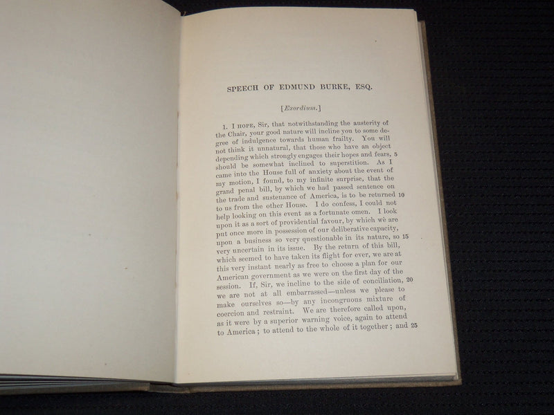1897 SPEECHES ON CONCILIATION WITH AMERICA BOOK BY EDMUND BURKE - J 8137