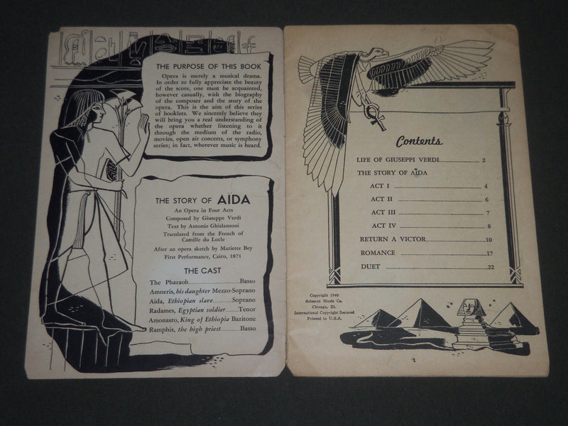 1940 THE STORY AND SONGS OF THE OPERA AIDA PUB. BY BELMONT MUSIC CO. - J 2411