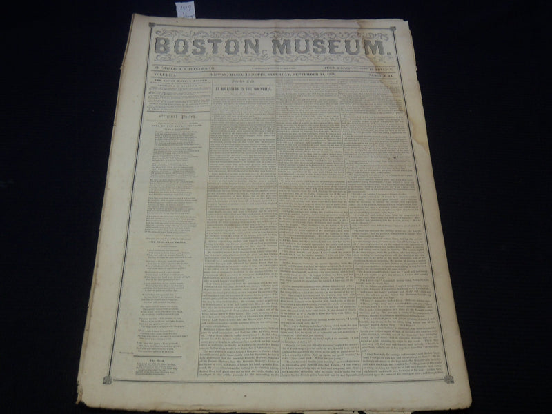 1850 SEPTEMBER 14 BOSTON MUSEUM NEWSPAPER - JENNY LIND - GIRAFFE - NP 9054