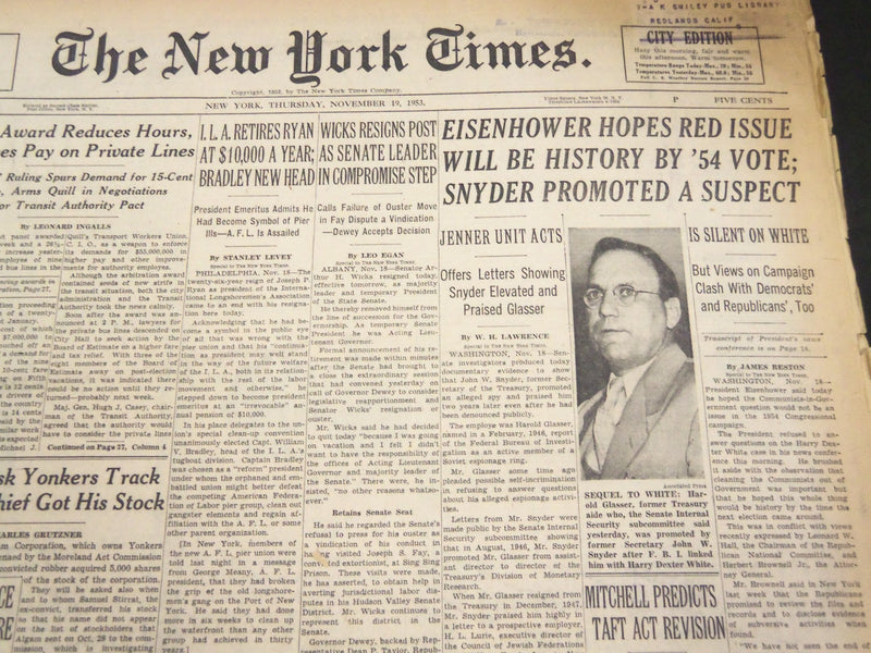 1953 NOV 19 NEW YORK TIMES - EISENHOWER HOPES RED ISSUE WILL BE HISTORY- NT 4654