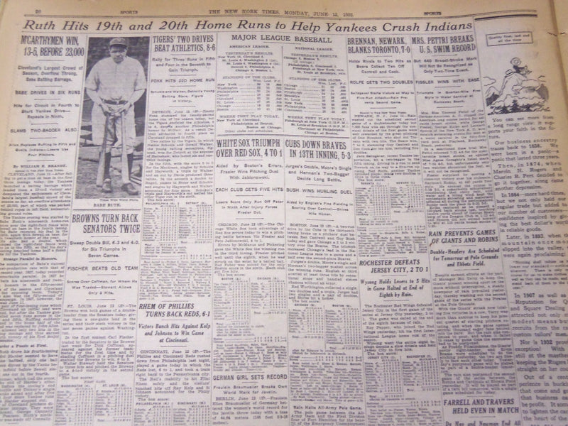 1932 JUNE 13 NEW YORK TIMES - RUTH HITS 19TH AND 20TH HOME RUNS - NT 4832