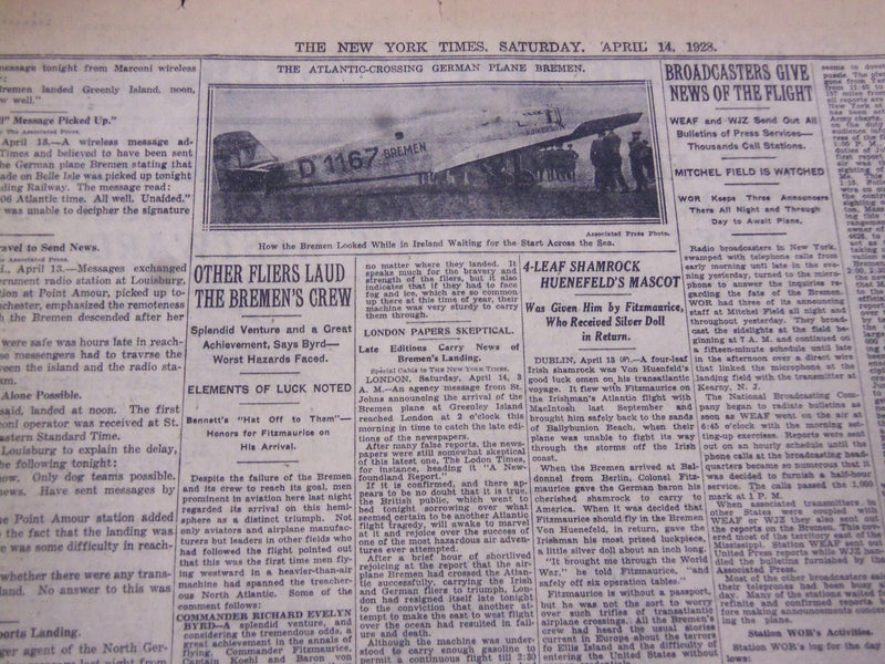 1928 APRIL 14 NEW YORK TIMES - OCEAN FLIERS LAND SAFELY OFF LABRADOR - NT 5350