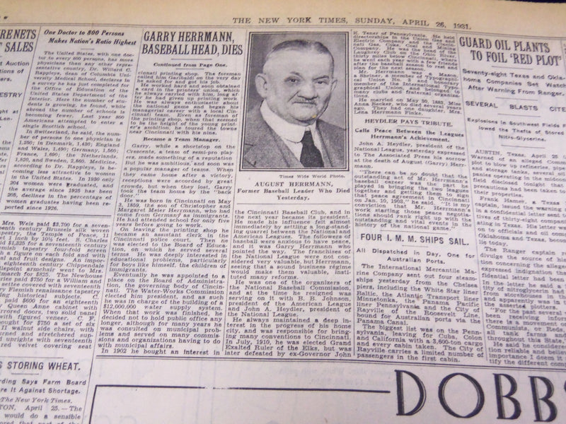 1931 APRIL 26 NEW YORK TIMES - GARRY HERRMANN BASEBALL HEAD DIES AT 71 - NT 2449