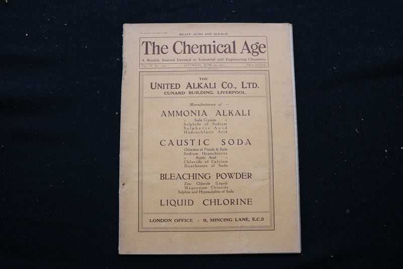1922 JUNE 24 THE CHEMICAL AGE MAGAZINE - UNITED ALKALI CO. COVER - SP 4190Y