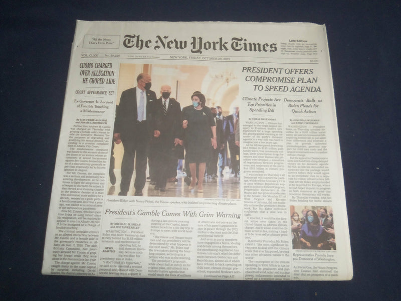 2021 OCTOBER 29 NEW YORK TIMES -PRESIDENT OFFERS COMPROMISE PLAN TO SPEED AGENDA