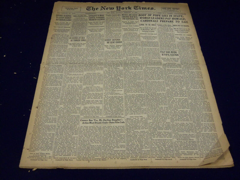 1939 FEBRUARY 11 NEW YORK TIMES - BODY OF POPE LIPS IN STATE - NT 4358