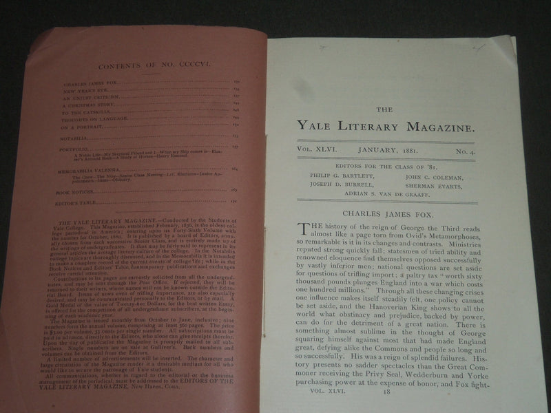 1881 JANUARY THE YALE LITERARY SOFTCOVER MAGAZINE - J 2342