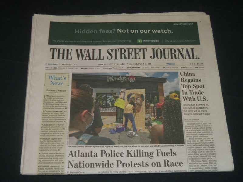 2020 JUNE 15 THE WALL STREET JOURNAL NEWSPAPER -ATLANTA POLICE KILLING FUELS
