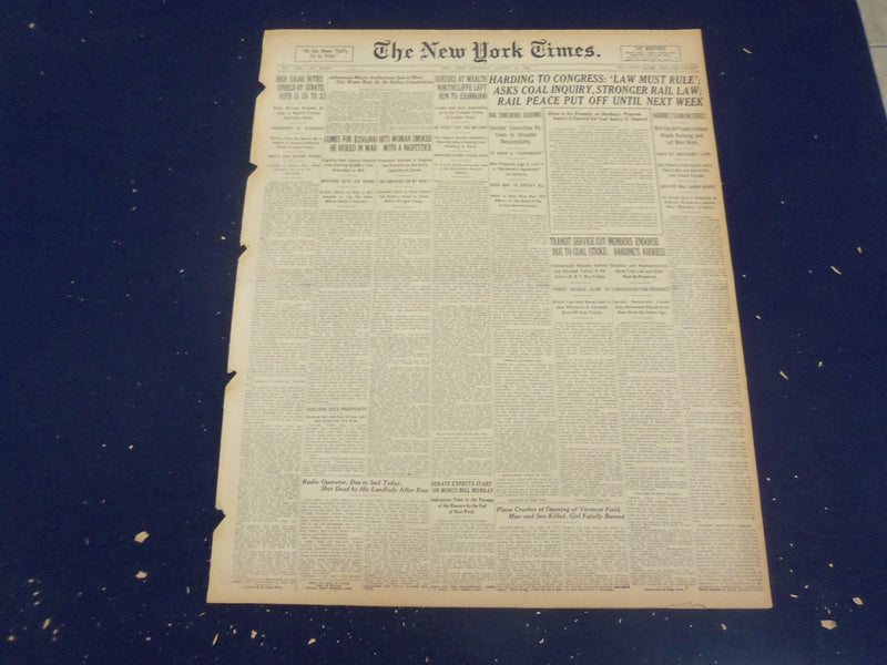 1922 AUGUST 19 NEW YORK TIMES - HARDING TO CONGRESS, LAW MUST RULE - NT 8377