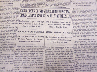 1931 OCTOBER 17 NEW YORK TIMES - THOMAS EDISON IN DEEP COMA - NT 4141