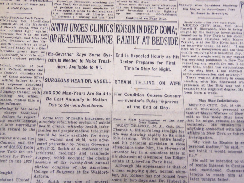 1931 OCTOBER 17 NEW YORK TIMES - THOMAS EDISON IN DEEP COMA - NT 4141