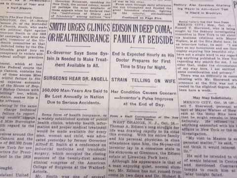 1931 OCTOBER 17 NEW YORK TIMES - THOMAS EDISON IN DEEP COMA - NT 4141