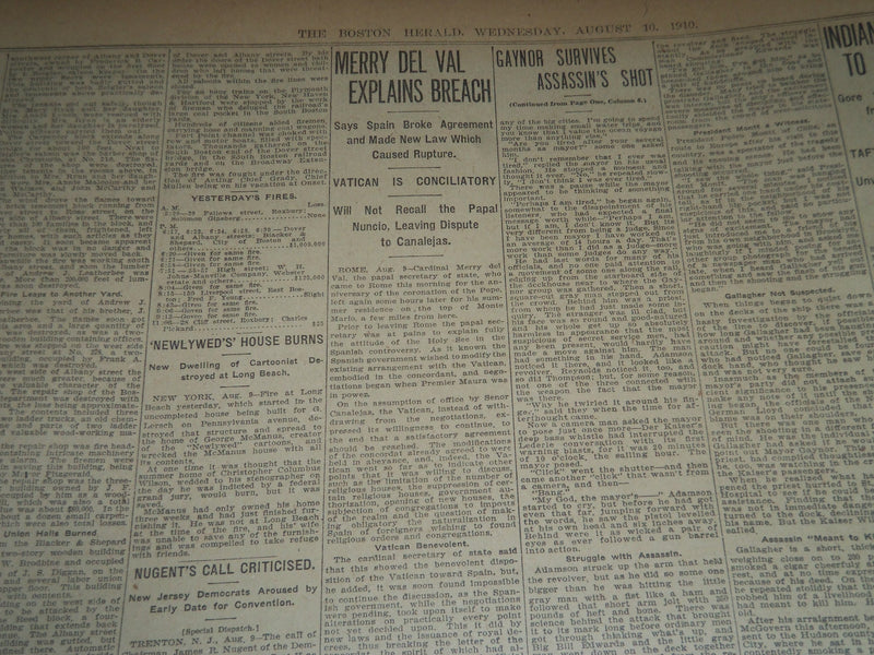 1910 AUGUST 10 THE BOSTON HERALD - GAYNOR SURVIVES ASSASSIN'S SHOT - BH 152