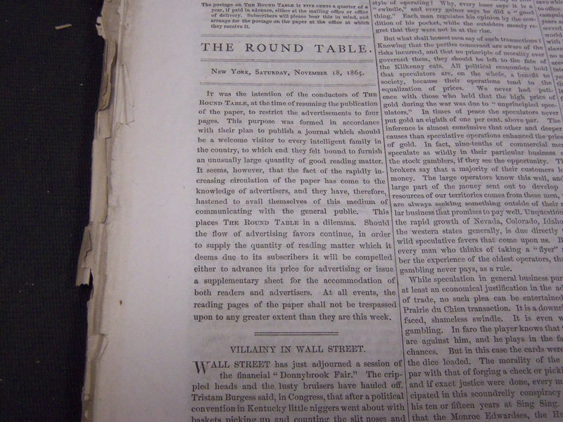 1865 THE ROUND TABLE NEWSPAPER LOT OF 14 - GREAT ARTICLES - NP 1848