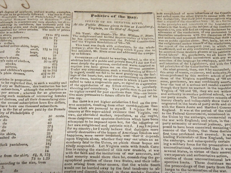 1833 SEPT 21 NATIONAL INTELLIGENCER NEWSPAPER - SENATOR RIVES SPEEECH - NP 4840