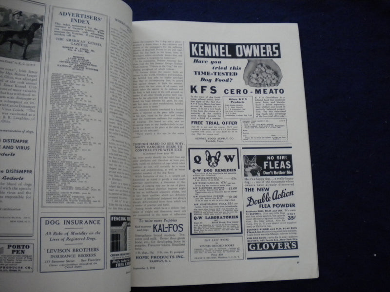 1936 SEP 1 THE AMERICAN KENNEL GAZETTE MAGAZINE - HANKA-FLOTTENBERG - SP 3625N