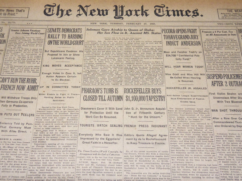 1923 FEBRUARY 27 NEW YORK TIMES - PHARAOH'S TOMB IS CLOSED TILL AUTUMN - NT 7990
