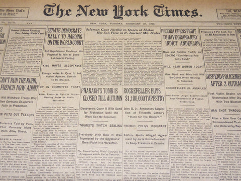 1923 FEBRUARY 27 NEW YORK TIMES - PHARAOH'S TOMB IS CLOSED TILL AUTUMN - NT 7990