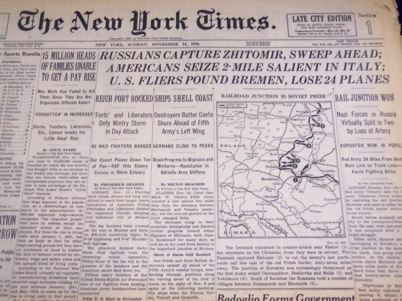 1943 NOV 14 NEW YORK TIMES U. S. FLIERS POUND BREMAN LOSE 24 PLANES - NT 1015