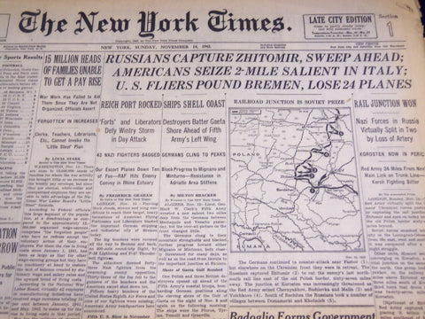 1943 NOV 14 NEW YORK TIMES U. S. FLIERS POUND BREMAN LOSE 24 PLANES - NT 1015