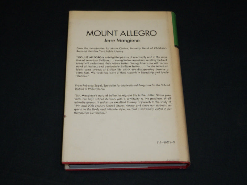 1972 MOUNT ALLEGRO HARDCOVER BOOK INSCRIBED BY JERRE MANGIONE - D 461