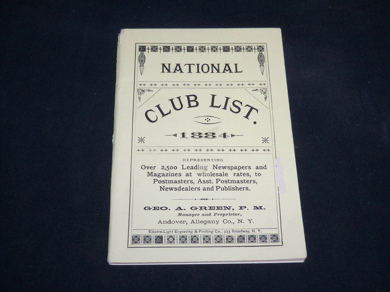 1884 NATIONAL CLUB LIST BOOK - NEWSPAPERS & MAGAZINES AT WHOLESALE RATES- J 6761