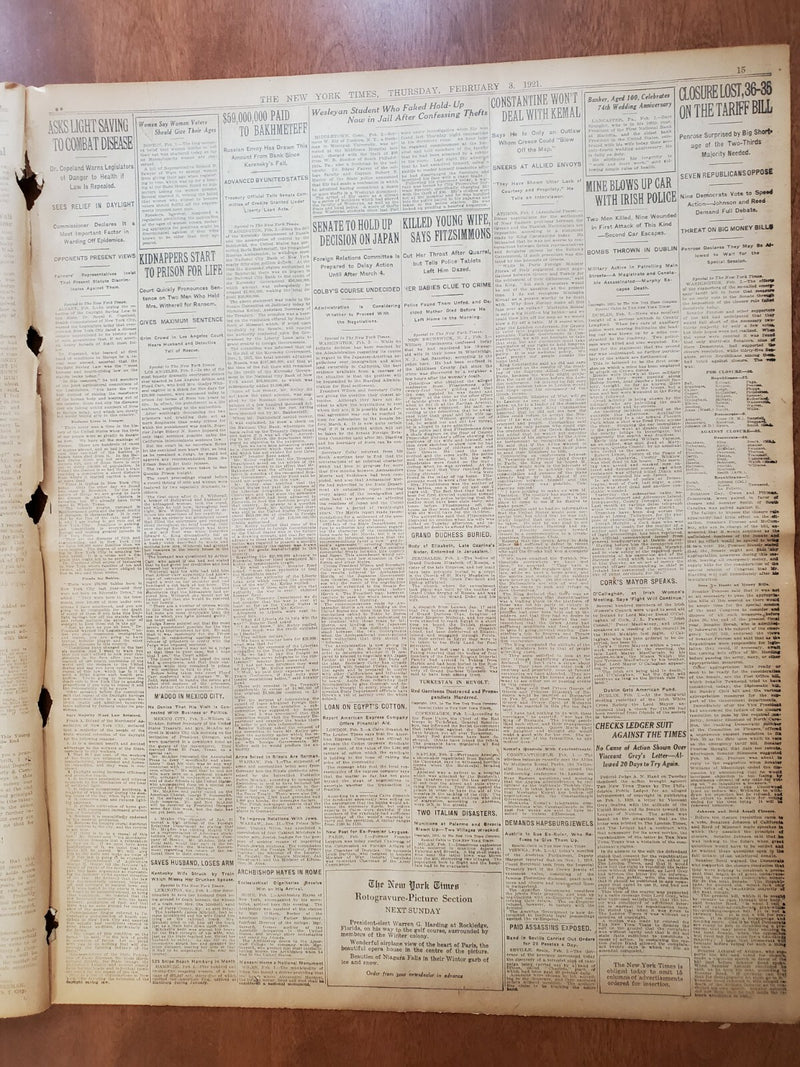1921 FEBRUARY 3 NEW YORK TIMES - PALMER BANS WHOLESALE LIQUOR RELEASES - NT 8112