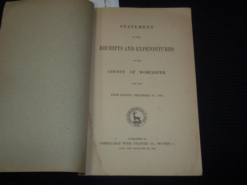 1890 COUNTY OF WORCESTER RECEIPTS AND EXPENDITURES STATEMENT - K 3098