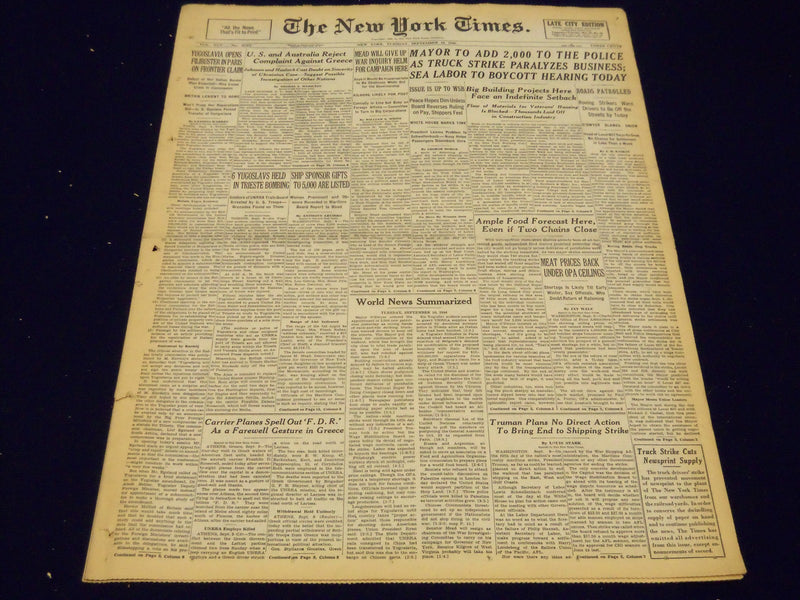 1946 SEPT 10 NEW YORK TIMES NEWSPAPER - MAYOR TO ADD 2,000 TO THE POLICE - NT 52