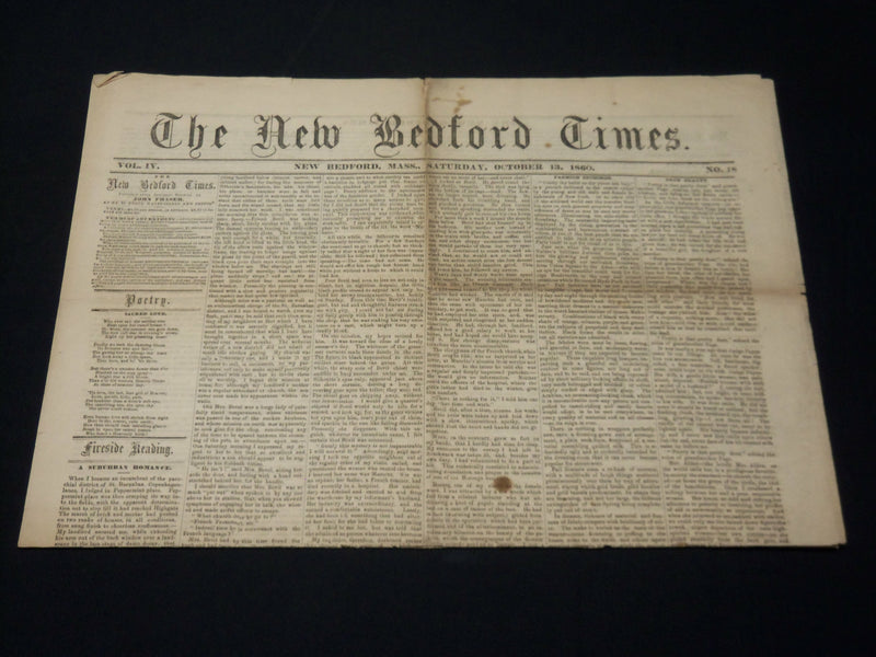 1860 OCTOBER 13 NEW BEDFORD MASS. TIMES NEWSPAPER - LINCOLN - DOUGLAS - NP 4960