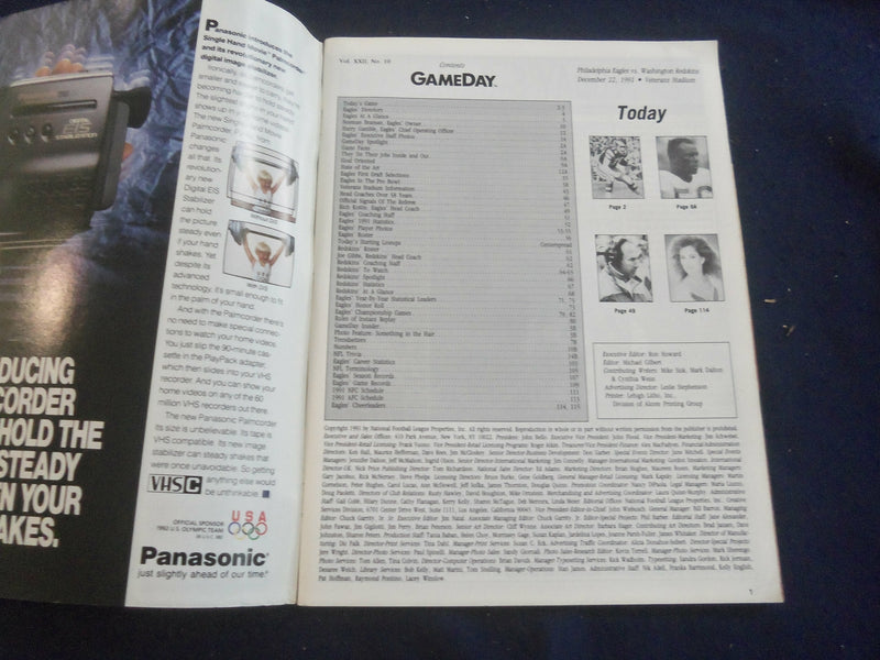 1991 DEC 22 GAMEDAY MAGAZINE- PHILADELPHIA EAGLES VS WASHINGTON REDSKINS- F 250U