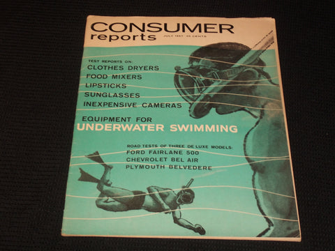 1957 JULY CONSUMER REPORTS MAGAZINE - UNDERWATER SWIMMING FRONT COVER - E 6418