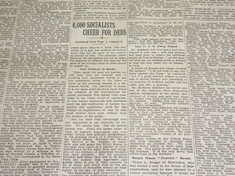 1920 MAY 10 NEW YORK TIMES NEWSPAPER - 6,000 SOCIALISTS CHEER DEBS - NT 8672