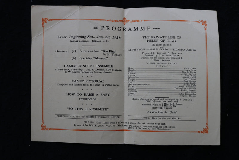 1928 B.S. MOSS' CAMEO THEATRE PROGRAM-THE PRIVATE LIFE OF HELEN OF TROY - K 1832
