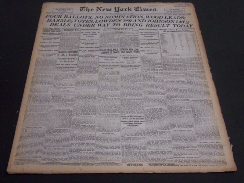 1920 JUNE 12 NEW YORK TIMES - FOUR BALLOTS NO NOMINATION WOOD LEADS - NT 6946