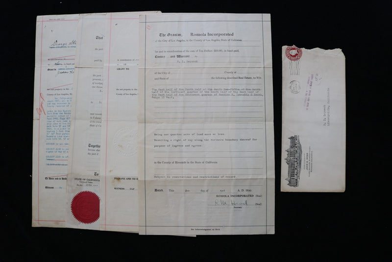 1926-1930 CALIFORNIA DEEDS - LOT OF 4 - & ENVELOPE - K 2792