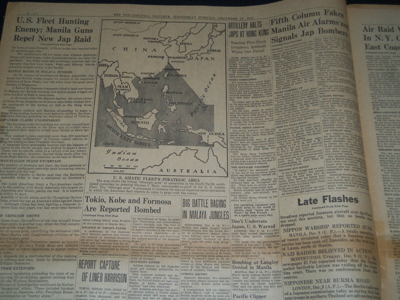 1941 DEC 10 PHILADELPHIA INQUIRER NEWSPAPER - U. S. FLEET HUNTS ENEMY - NT 7505