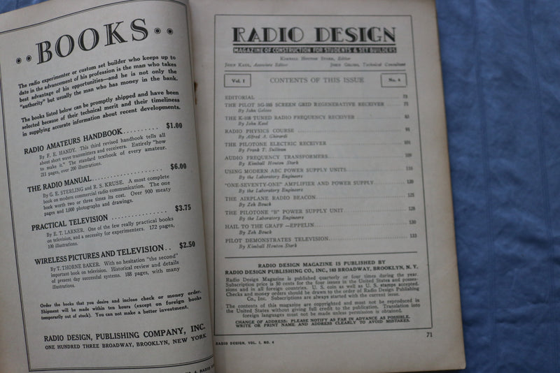 1929 WINTER RADIO DESIGN SOFTCOVER HANDBOOK - SG-105 SCREEN GRID RECEIVER- K 313