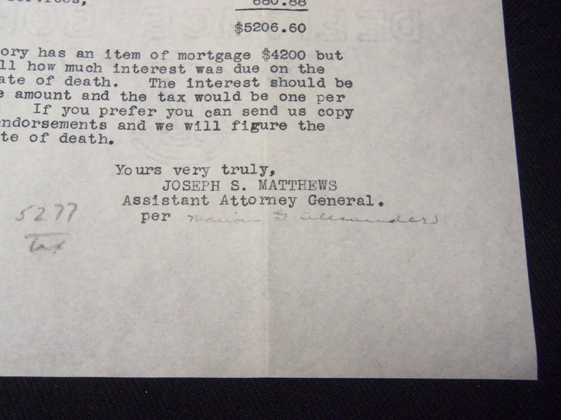 1921 NEW HAMPSHIRE ATTORNEY GENERAL'S OFFICE TYPED LETTER - J 5367