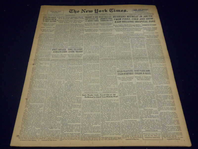 1939 DEC 22 NEW YORK TIMES - RUSSIANS RETREAT IN ARCTIC FROM FINNS - NT 459